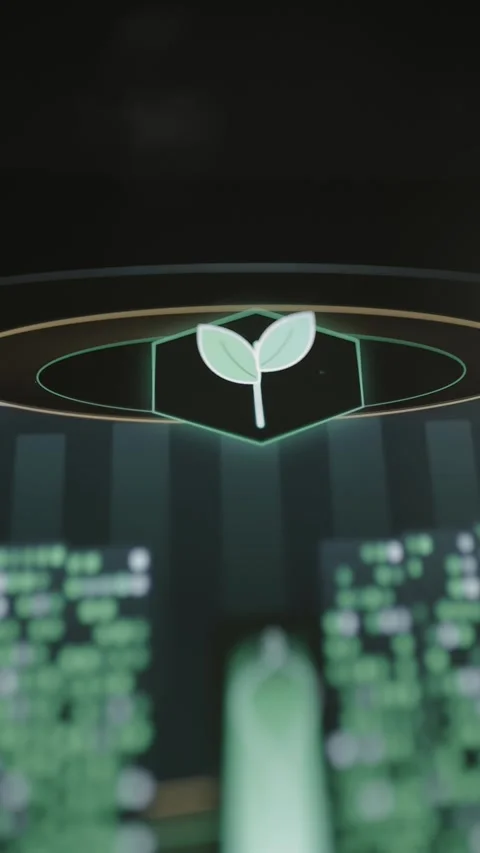 White two-leaf seedling icon glows inside green geometric rings Stock Footage 343374042