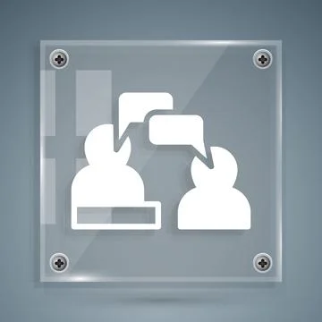 White Two sitting men talking icon isolated on grey background. Speech bubble Illustrazione stock