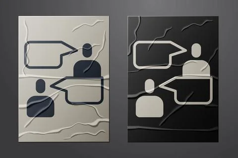 White Two sitting men talking icon isolated on crumpled paper background. Speech Stock Illustration