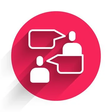 White Two sitting men talking icon isolated with long shadow. Speech bubble c Stock Illustration