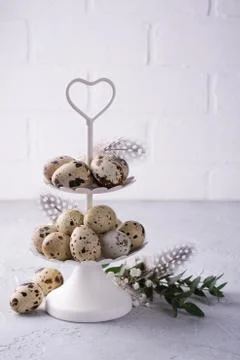 White two tier serving tray full of quail eggs. Happy Easter   day concept. Stock Photos