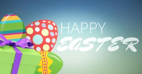 White type and green gift and red green eggs against blue green background 스톡 일러스트