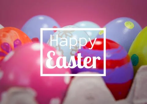 White type in box against easter eggs and pink background Illustrazione stock