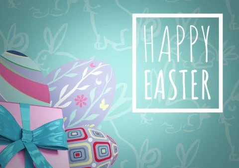 White type in box and pink gift and purple eggs against teal easter pattern Stock Illustration