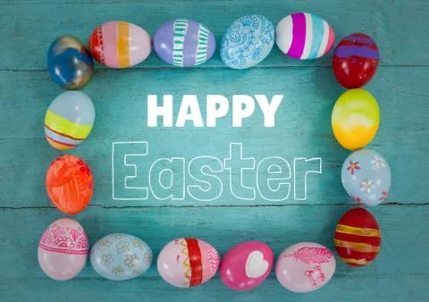 White type surrounded by easter eggs on teal table Stock Illustration