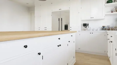 White U-shaped kitchen with windows, kitchen appliances and utensils. Video stock 253197010
