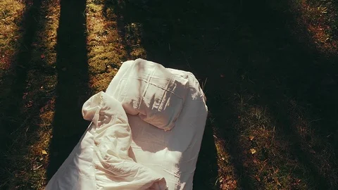 A white uncovered bed is in the middle of a pine forest. Stock Footage 117000021
