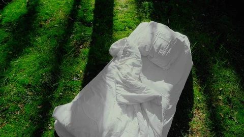 A white uncovered bed is in the middle of a pine forest. Stock Footage 117000044