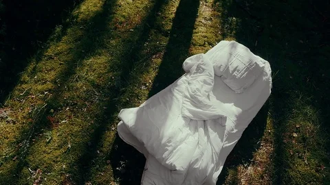 A white uncovered bed is in the middle of a pine forest. Stock Footage 117000068