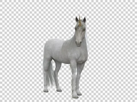 White unicorn standing facing the camera. Fairytale creature 3d illustration Stock Illustration