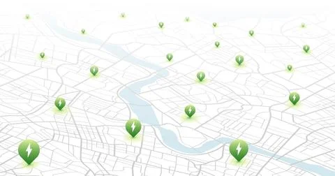 White urban layout highlighting multiple EV charging stations Stock Illustration