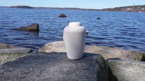 A white urn by the lakeside. Video stock 309401036