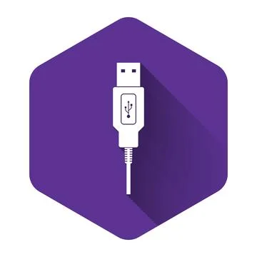 White USB cable cord icon with long shadow. Connectors and sockets for PC and Illustrazione stock