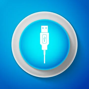 White USB cable cord icon isolated on blue background. Connectors and sockets Illustrazione stock