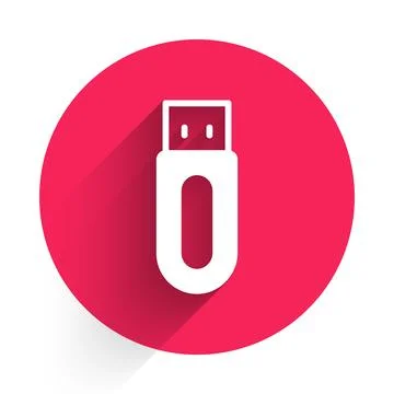 White USB flash drive icon isolated with long shadow background. Red circle.. Stock Illustration
