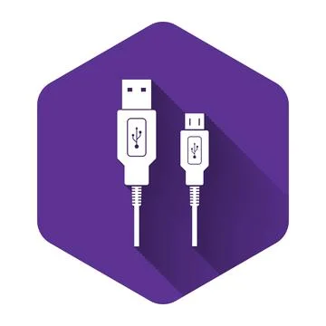 White USB Micro cables icon with long shadow. Connectors and sockets for PC and Stock Illustration
