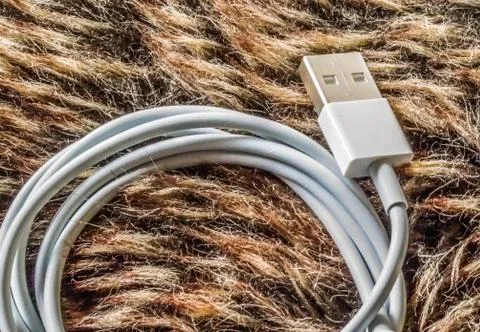 White USB phone computer cable coiled and laying on fur background Stock Photos