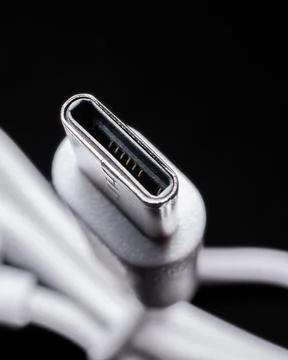 White USB Type-C Cable Plug Connector Macro Electronics 스톡 사진