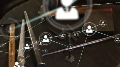 White user node appearing above tools spawning links forming network overlay Video stock 330004070