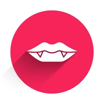 White Vampire teeth icon isolated with long shadow. Happy Halloween party. Red Illustrazione stock