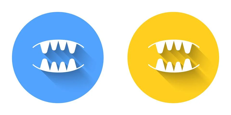 White Vampire teeth icon isolated with long shadow background. Happy Halloween 스톡 일러스트