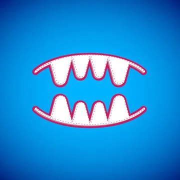 White Vampire teeth icon isolated on blue background. Happy Halloween party 스톡 일러스트