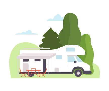 White van at the campsite. Vector illustration. Illustrazione stock