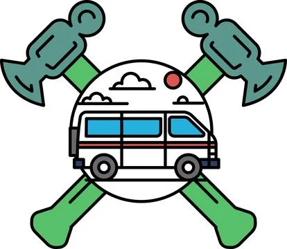 A white van is drawn in the middle of a cross with two hammers on either side Stock Illustration