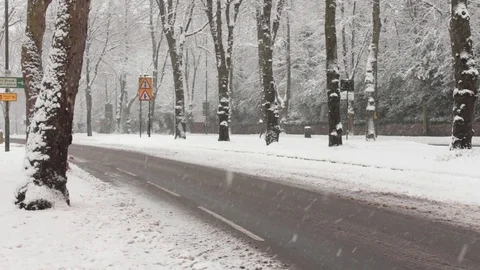 White Van Drives Down Snowy Main Road Lined with Trees 库存影片 83275458