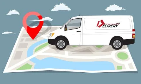 White van over folded flat map and red pin. Vector illustration. Stock Illustration