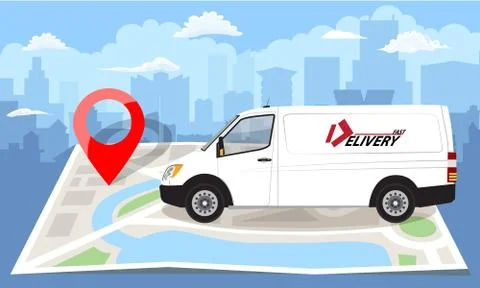 White van over folded flat map and red pin. Cityscape background. Vector Illustrazione stock