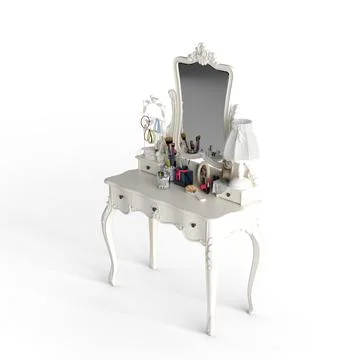 A white vanity table with a mirror and bottles of soap on top Stock Illustration