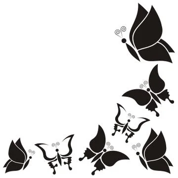 White vector background with diverse black butterfly silhouettes Illustrazione stock
