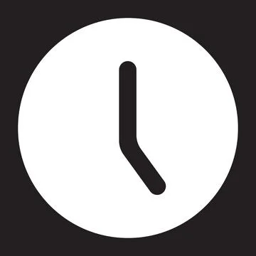 White vector clock time solid icon isolated on black background Illustrazione stock