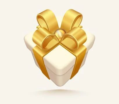 White vector giftbox. Realistic gift box, with golden satin bow. Cube shape p Stock Illustration