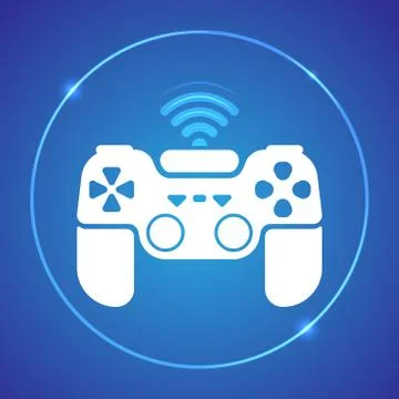 White Vector illustration of the gamepad with Wi-fi. White on blue. Stock Illustration