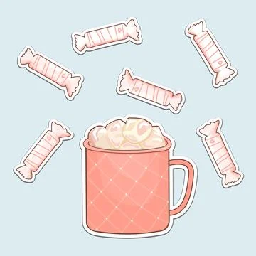 White vector outline isolated cute candies with hearts, pink patterned cup of Stock Illustration