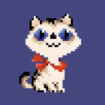 White vector pixel art cat in red scarf Stock Illustration