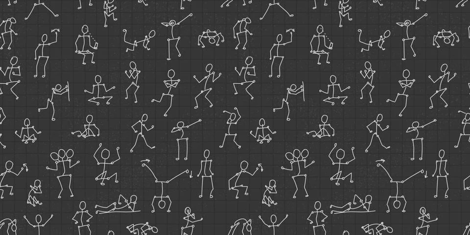 White vector seamless pattern with people bodies in different poses on dark g Illustrazione stock