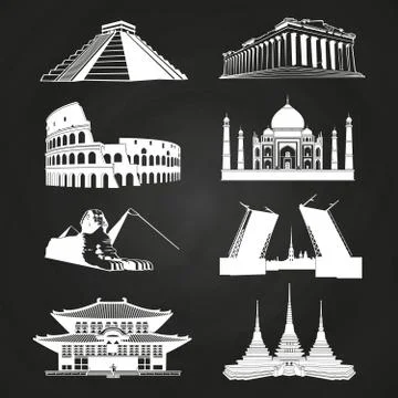 White vector silhouettes famous landmarks Stock Illustration