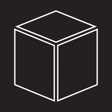 White vector three dimensional or 3d cube line icon isolated on black backgr Stock Illustration