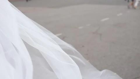 The white veil of the bride develops in the wind Video stock 295401711