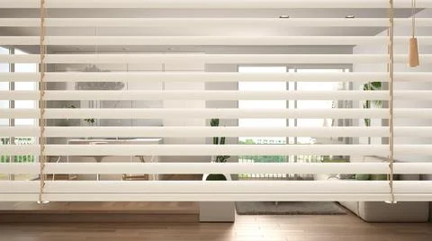 White venetian blinds close up view, over modern wooden kitchen, living and d Stock Illustration