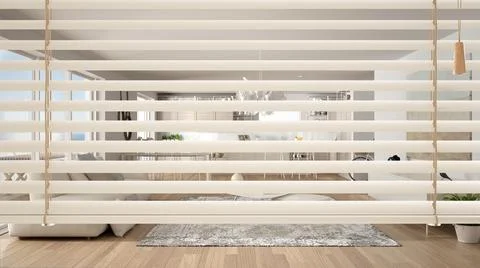 White venetian blinds close up view, over modern kitchen, living and dining r Stock Illustration