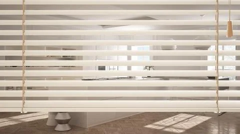 White venetian blinds close up view, over modern kitchen with cabinets and is Stock Illustration