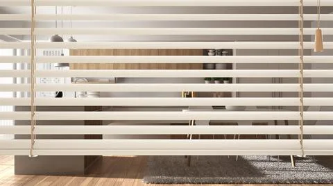 White venetian blinds close up view, over modern kitchen with cabinets, dinin Stock Illustration