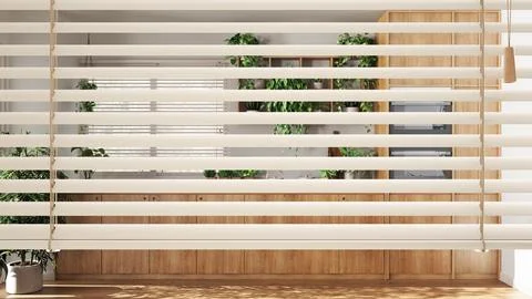White venetian blinds close up view, over kitchen with island and chairs, c.. Stock Illustration