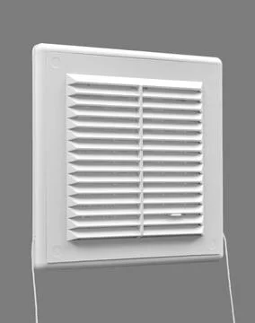 White ventilation grate on a gray background. Square shape, plastic material. Stock Photos