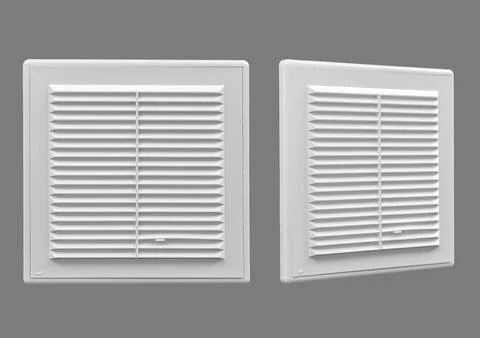 White ventilation grate on a gray background. Square shape, plastic material. Stock Photos
