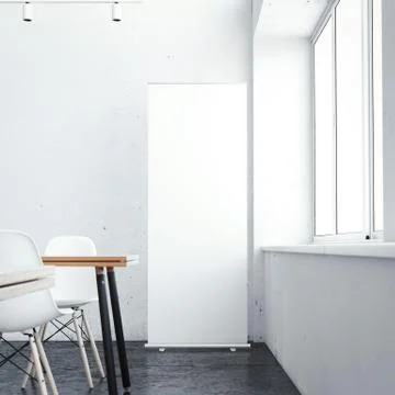 White vertical banner in cafe interior. 3d rendering Stock Photos
